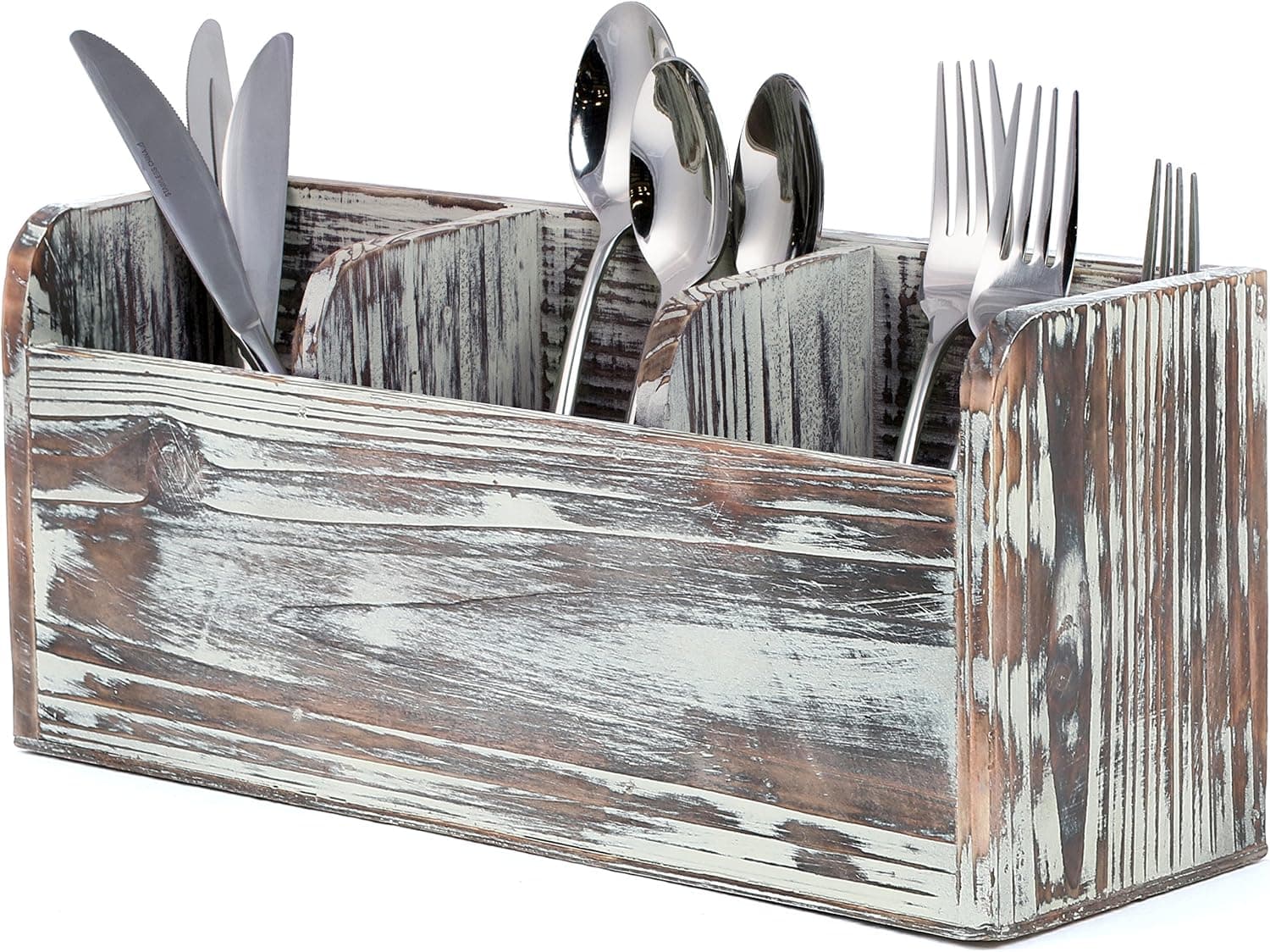 MyGift Torched Wood Kitchen Utensil Holder for Countertop with 3 Compartments, Coffee Bar Condiment Organizer Tray