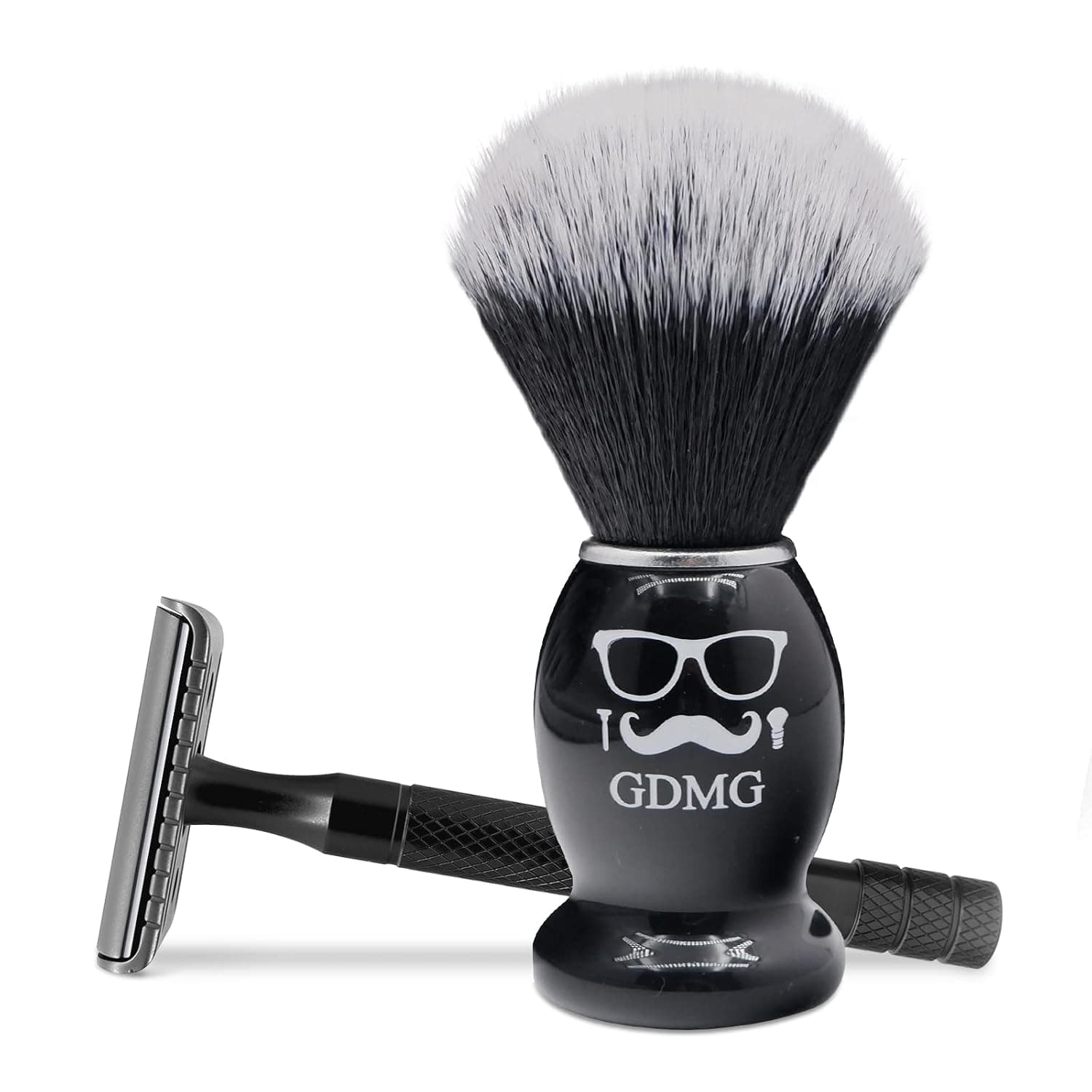 GDMG Shaving Brush Set, Wooden Beard Shaving Brush (Synthetic Hair) and Black Safety Razor, Professionally designed for Men's Shaving