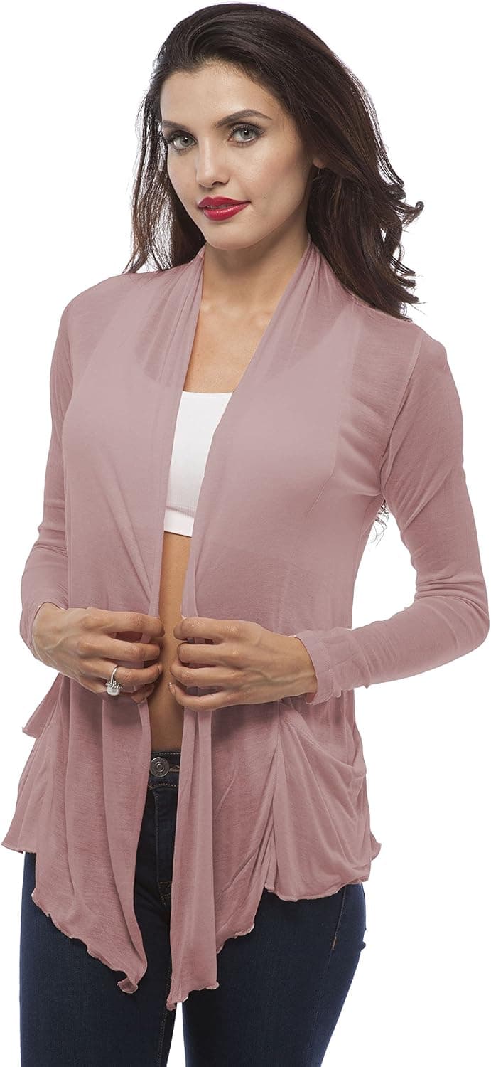 Hollywood Star Fashion Light Weight Flyaway Cardigan Shawl Collar Shrug with Drape Pockets Cardi Plus Size