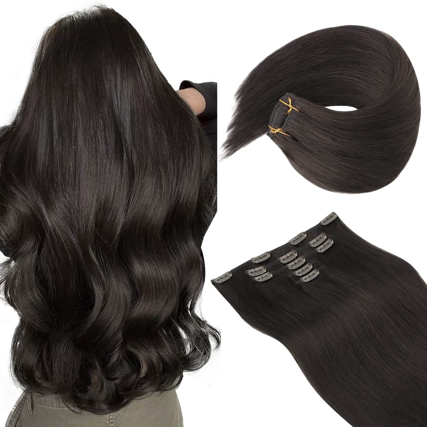Clip in Hair Extensions, LeaLea Dark Brown Clip in Hair Extensions Real Human Hair Straight and Remy Human Hair Extensions 16 inch 80g 5pcs