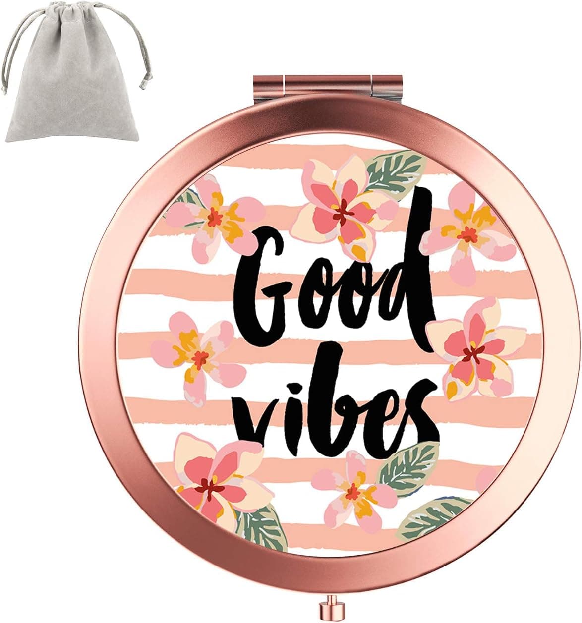Dynippy Compact Mirror Round Rose Gold 2 x 1x Magnification Makeup Mirror for Purses and Travel Folding Mini Pocket Mirror Portable Hand for Girls Woman Mother Great Gift - Pink Good Vibes