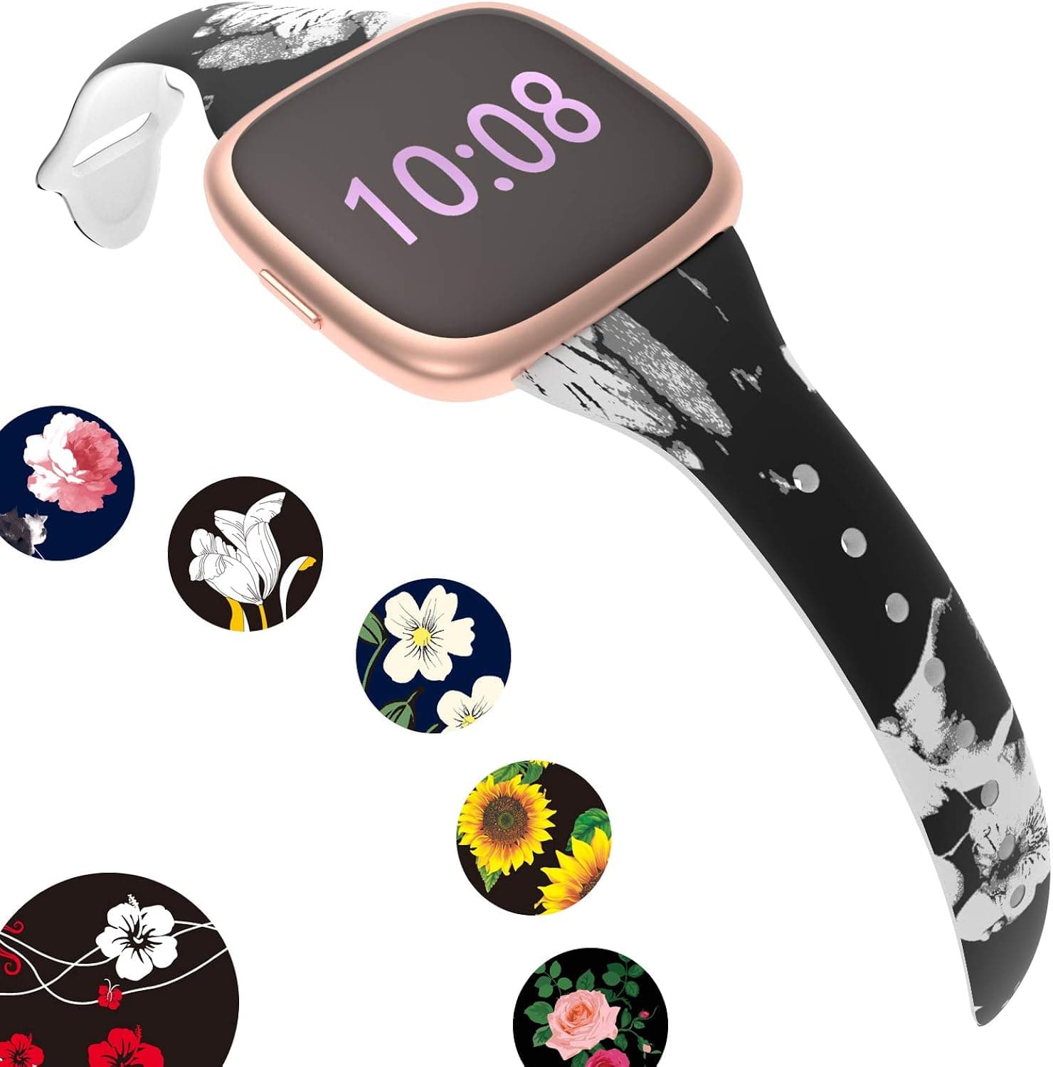 ACBEE Compatible with Fitbit Versa 2 Bands for Women Small Large, Narrow Flowers Silicone Wristband for Fitbit Versa 2 / Versa Lite/Versa Special Edition/Versa (Black Gray White, Large)