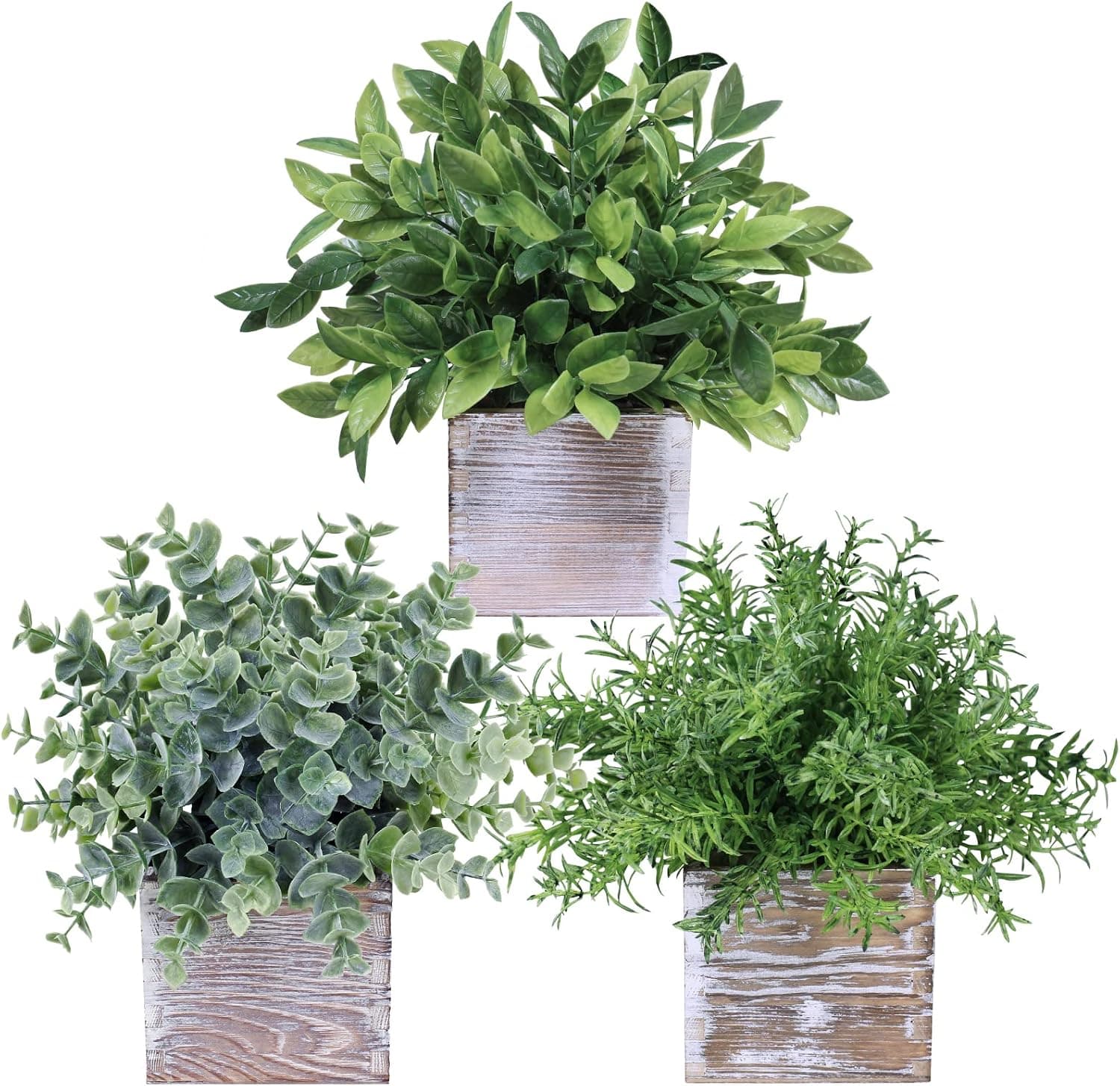 Set of 3 Assorted Small Potted Plants Fake Eucalyptus Plants and Rosemary Plant in Rustic Wooden Planters for Mother Gifts Farmhouse Table Centerpiece Bathroom Shelf Office Desk Indoor Greenery Decor