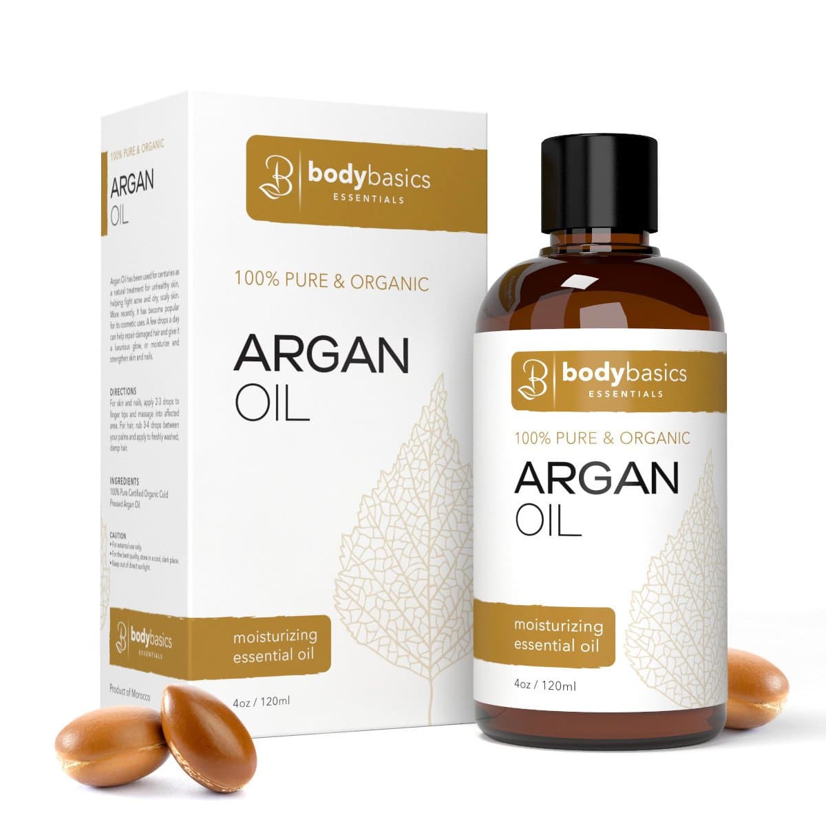 BodyBasics Essentials Argan Oil 4 Oz - 100% Pure & Organic Oil From Morocco - For Nails, Hair, Skin and Scalp
