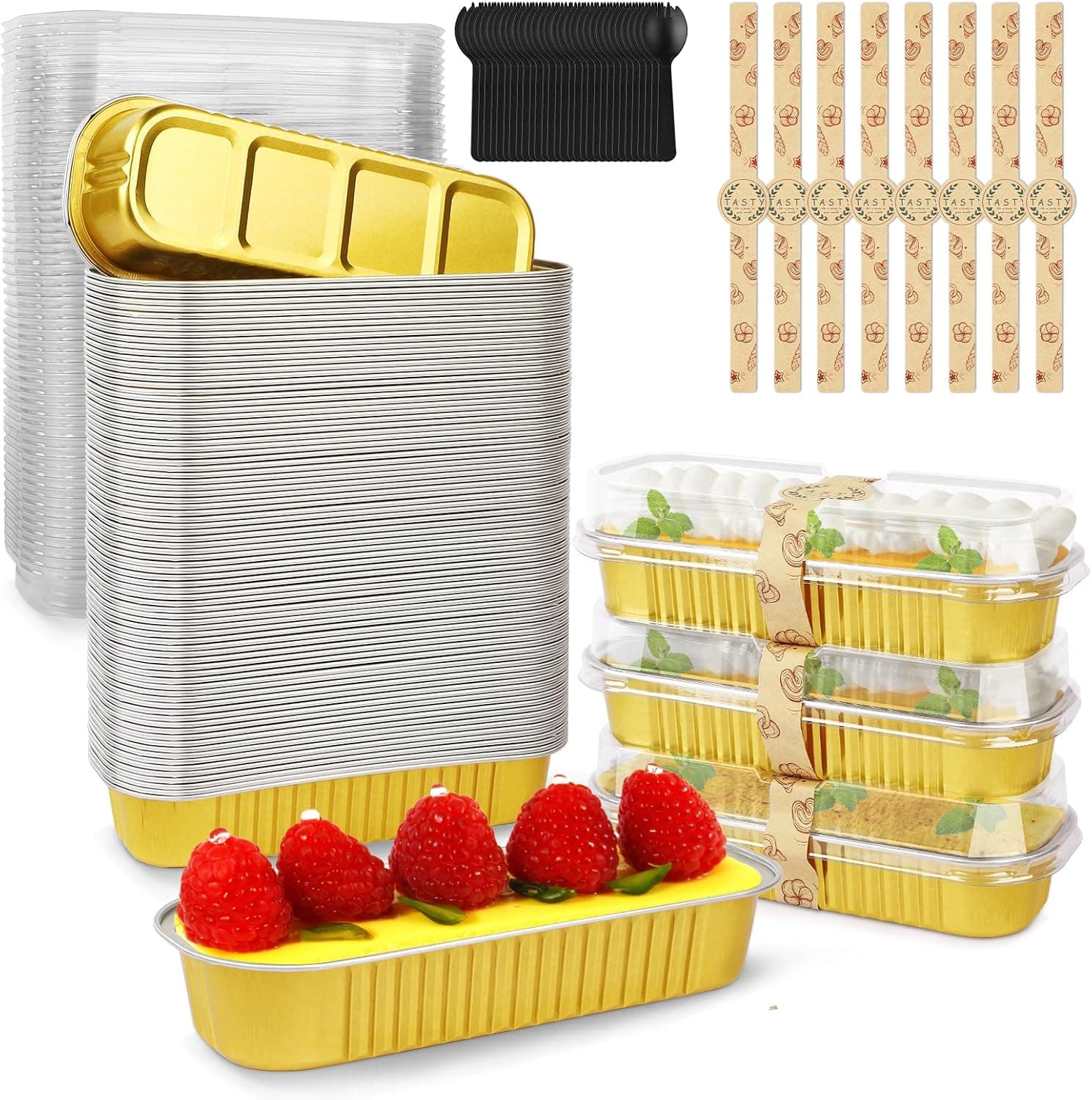 Mini Cake Pans with Lids,6.8 Oz Mini Loaf Pans with Lids Aluminum Foil Mini Loaf Baking Pans 100pcs Disposable Bread Pan Aluminum Foil Long Baking Cupcake Liners for Cake Bakery Wedding Birthday Party