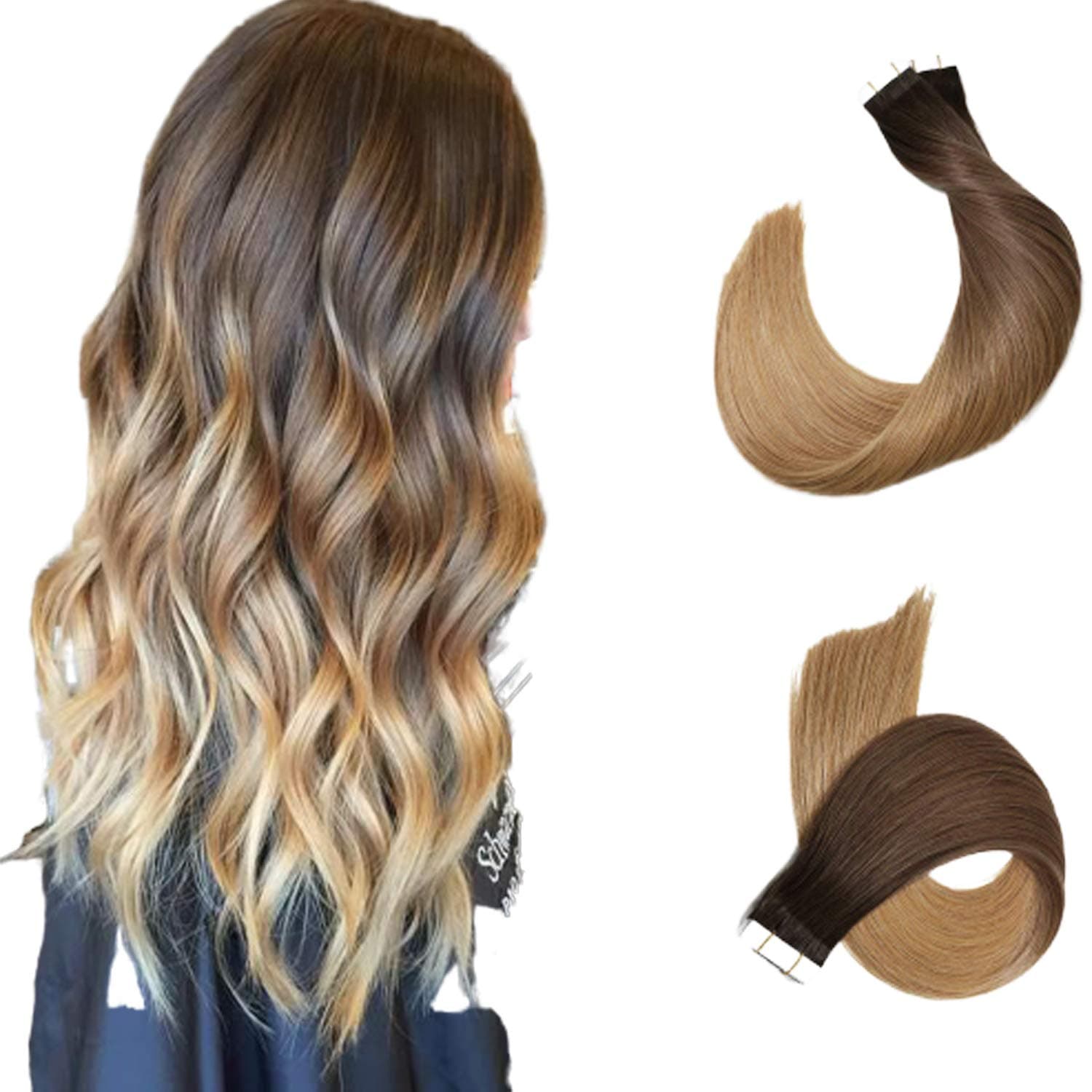 Tape in Hair Extensions Human Hair Ombre Highlight Dark Brown Fading to Chestnut Brown to Ash Brown Remy Human Hair Extensions 20pcs 50g Long Straight Silky Glue in Hair Extensions (14Inch,#2T6T8)