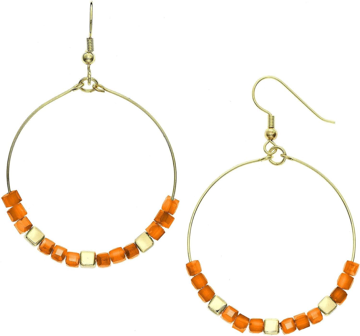 Womens Ladies Fashion Accessories Jewelry Rose Gold Plated Boho Hoop Dangle Earrings with Cube Glass Beads in Orange Size 30mm
