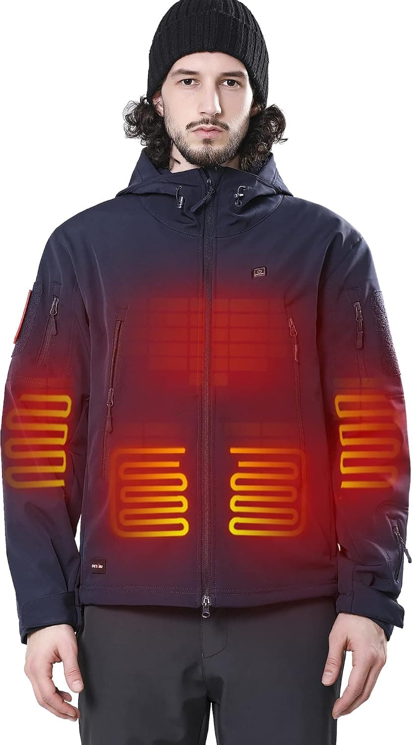 DEWBU Heated Jacket for Men with 12V Battery Pack Winter Outdoor Soft Shell Electric Heating Coat