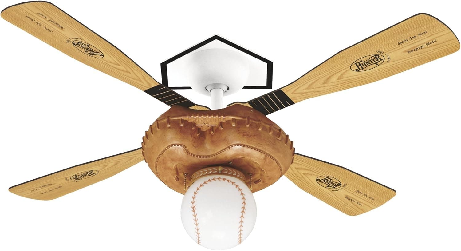 Hunter 23252 Baseball 44-Inch Single Light 4-Blade Ceiling Fan, Leather-Look Mitt Base with 4 Pine/Aluminum Blades and Baseball Light