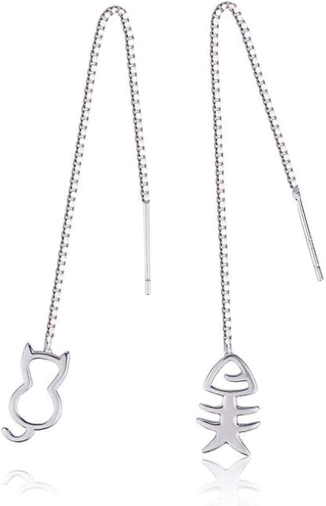 Tiny Cat Fish Charm Tassel Threader Earrings for Women - Silver Ear Chain hollow Kitten Drop Dangle Earrings jewelry