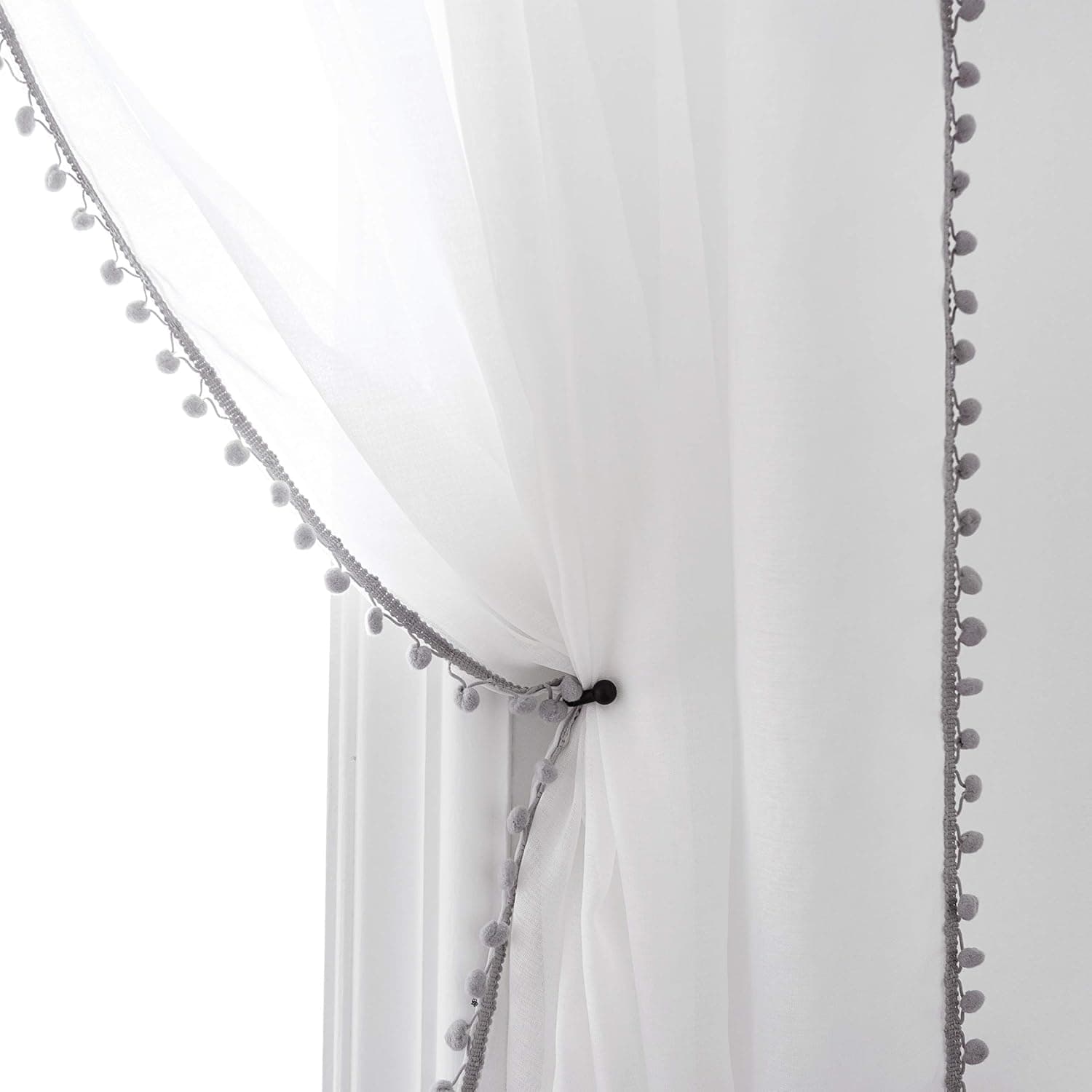 MISS SELECTEX Linen Look Pom Pom Tasseled Sheer Curtains - Rod Pocket Voile Semi-Sheer Curtains for Living and Bedroom, Set of 2 Curtain Panels (52 x 63 inch, White Sheer & Gray Pom Poms)