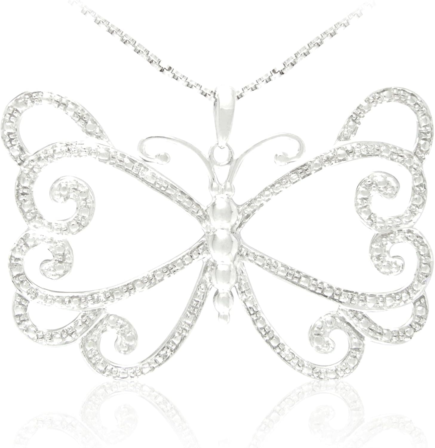 Amazon Collection Sterling Silver Diamond Butterfly Pendant Necklace (0.02 cttw, I-J Color, I1-I2 Clarity), 18"