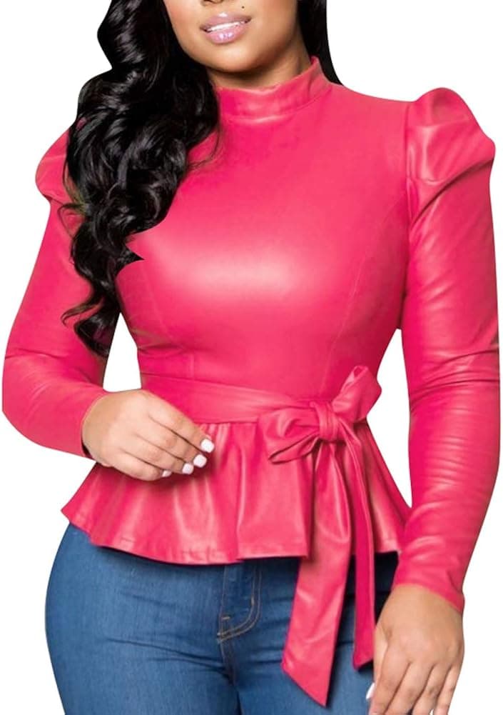 acelyn Women's Matte Mock Neck Turtleneck Long Sleeve Faux Leather Shirts Blouse Top with Belted