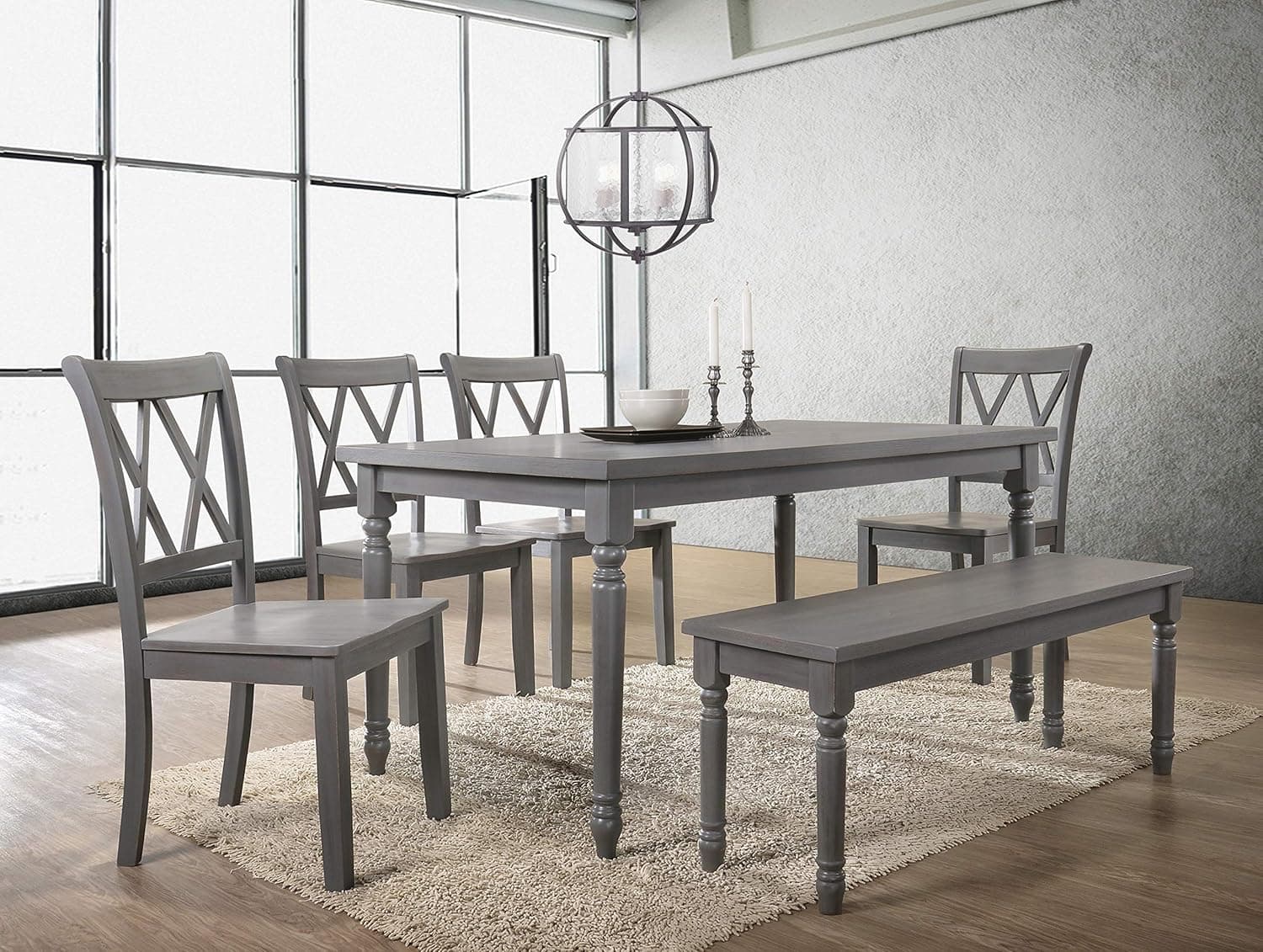 Best Master Furniture 6 Pcs Dining Set with Bench, Rustic Grey