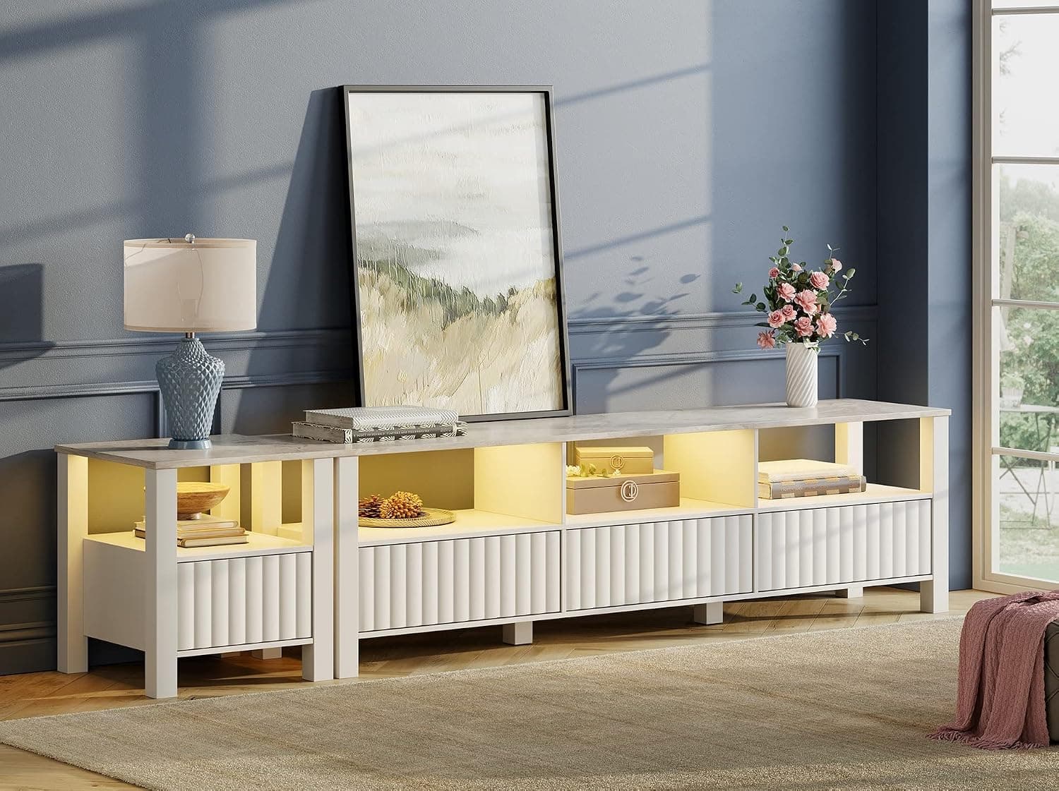 WAMPAT TV Stand for 85 Inch TV, White Entertainment Center for 65-80 Inch TV Console Table with Storage Cabinet, Modern Television Stands for Living Room Bedroom