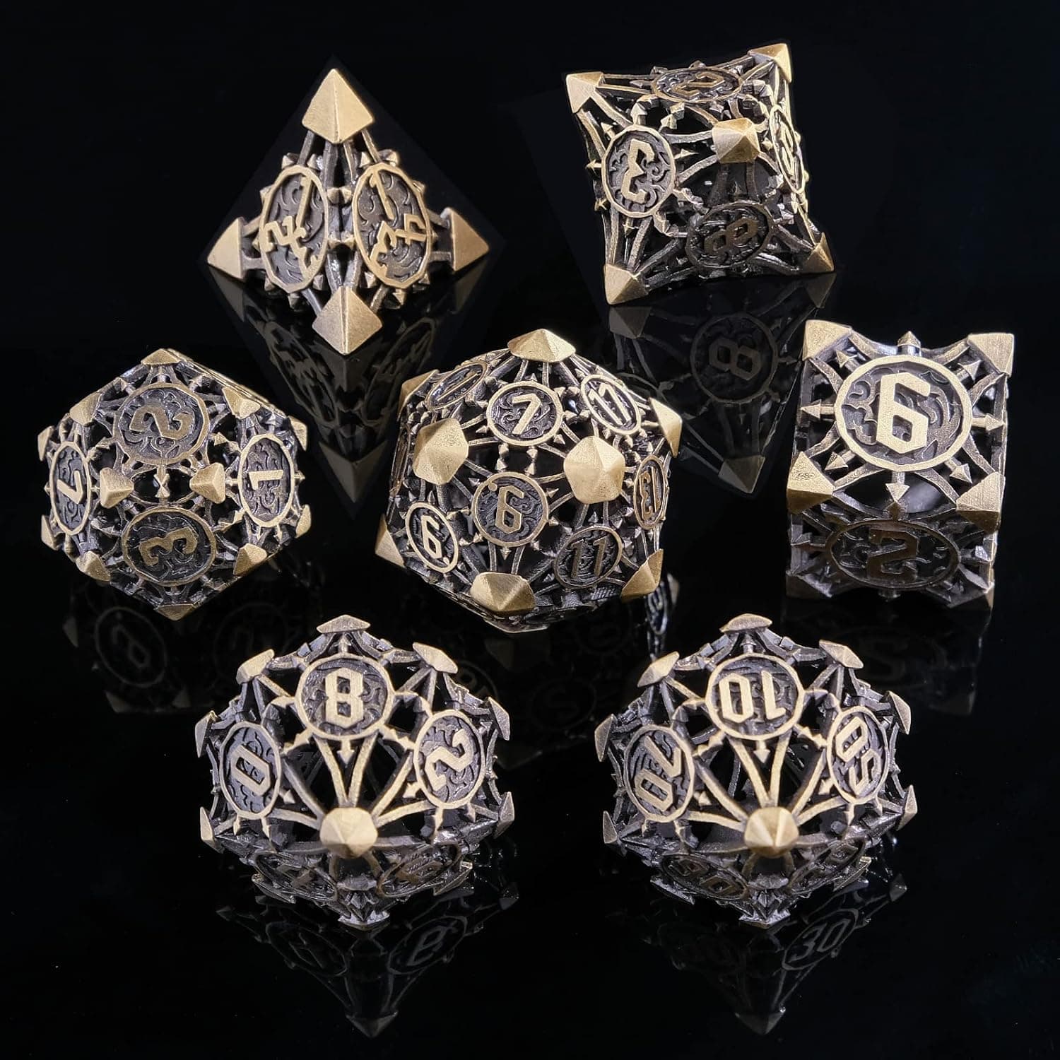 Cttasty DND Dice Set Hollow Metal Dice Set Handmade 7pcs Polyhedral Dice Set DND RPG MTG Role Playing Game Dice Set D&D Dice with Gift Case for DND Dungeons and Dragon (Bronze)