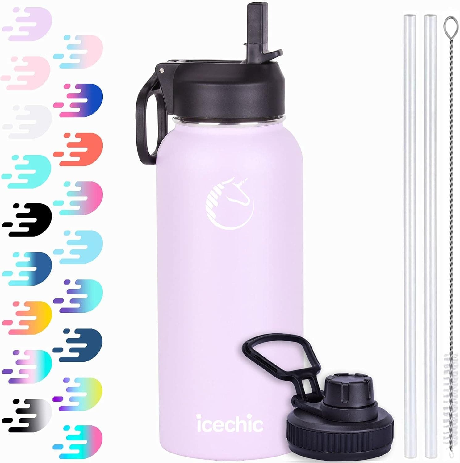 Icechic 32 oz Vacuum Insulated Stainless Steel Water Bottle, 2 Lids (Spout Lid, Straw Lid), Wide Mouth Double Wall Sweat-Proof Metal Water Flask, Keep Cold For 48 Hrs or Hot For 24 Hrs