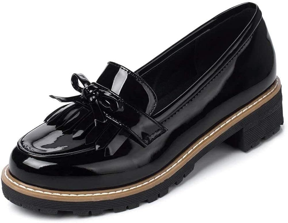 glglgege Loafers for Women Black Patent Leather Low Heels Chunky Platform Loafers Classic Round Toe Slip On Loafers Tassel Penny Casual Shoes