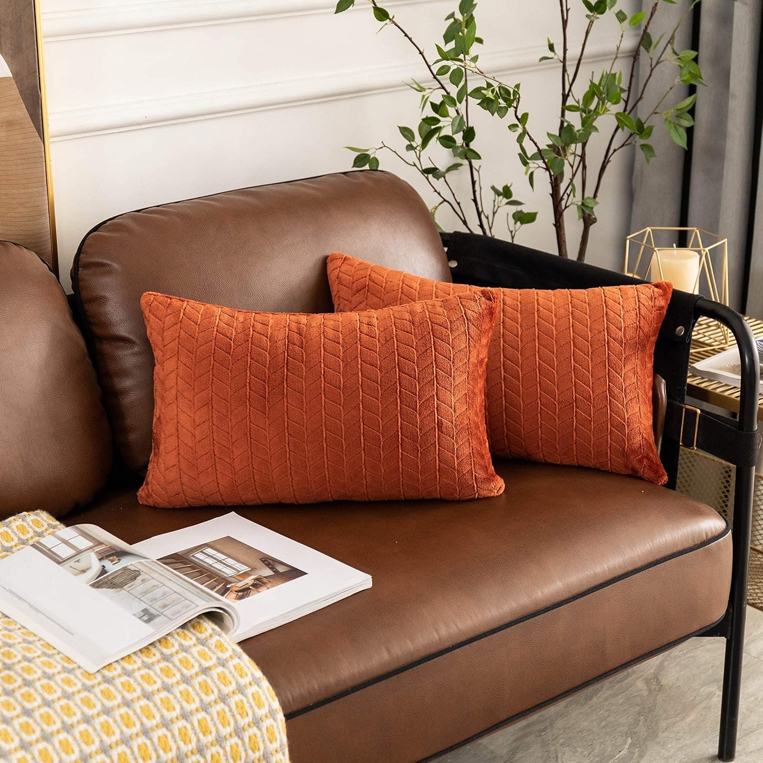UGASA Chunky Knitting Pillow Cover, Cable Knit Throw Cover, Oblong Cushion Pillowcases for Lumbar, 1 Piece (12"x20", Burnt Brick)