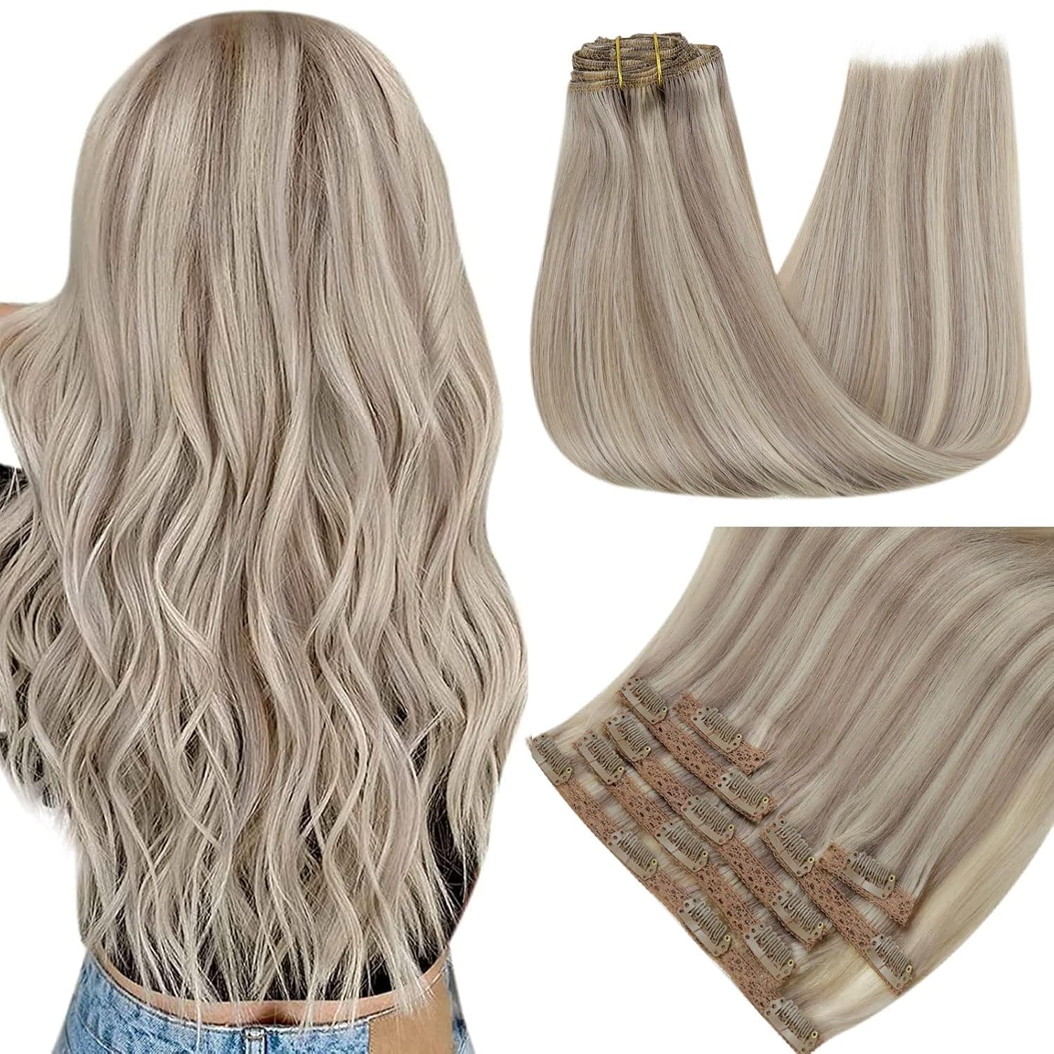 RUNATURE Blonde Hair Extensions Clip in Platinum Blonde with Grey Blonde Highlights Straight Clip in Hair Extensions Natural Hair Clip in Extensions Long Hair 18 Inch 7pcs 120g