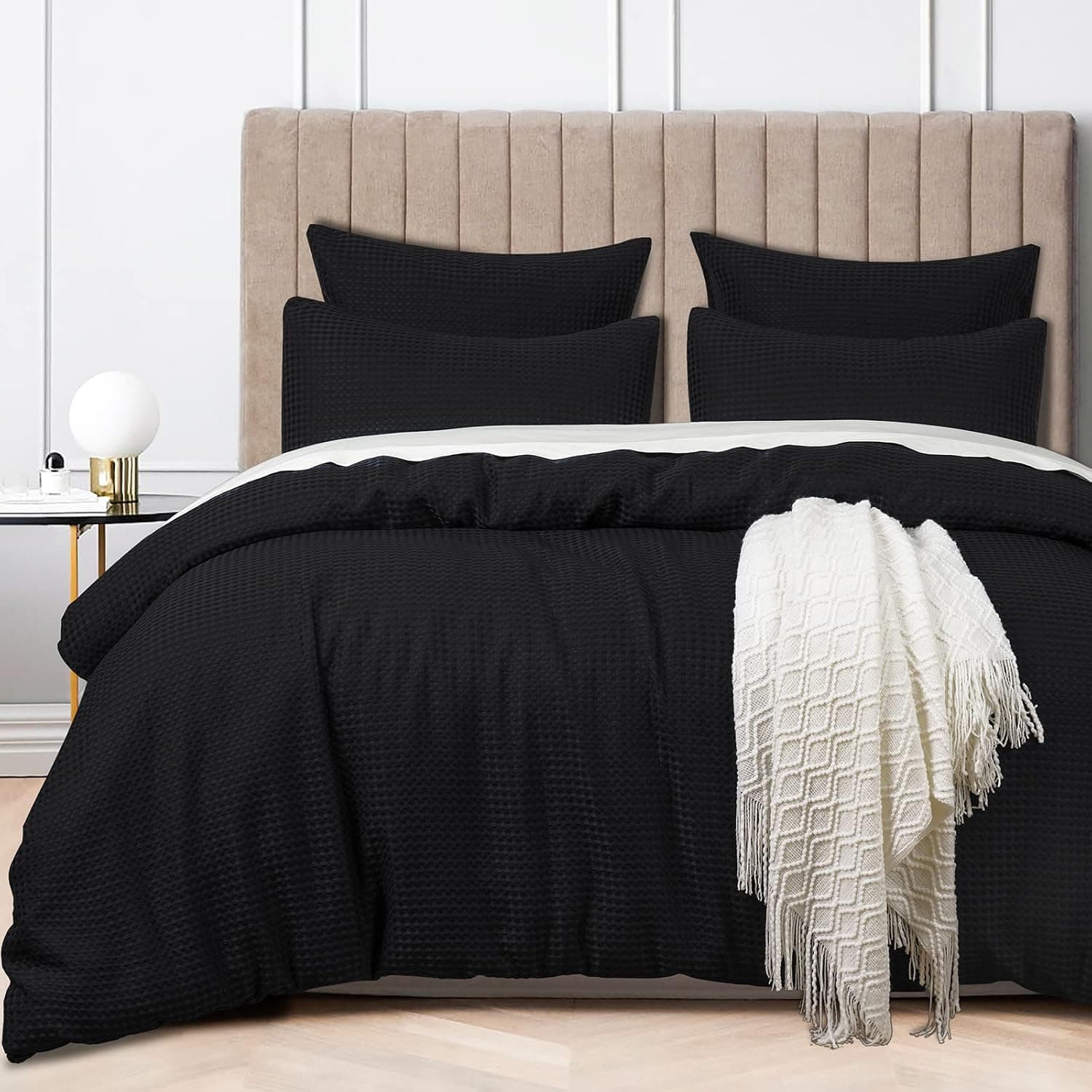 PHF Waffle Weave Duvet Cover Set King Size, 3PCS Washed Microfiber Boho Comforter Cover Set, Ultra Soft Comfy Duvet Cover with Pillow Shams Bedding Collection, 104"x90", Black