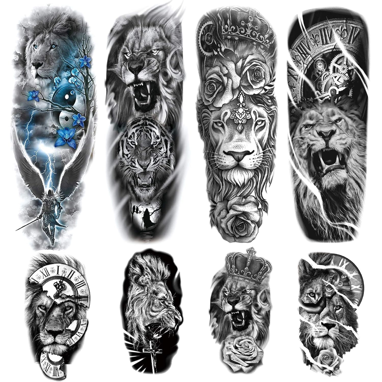 Lion Arm Sleeve Tattoos, 4-Sheet Large Lion Full Sleeve Tattoos and 4-Sheet Fake Lion Half Arm Sleeve Tattoos Sticker Makeup Props for Men Women Kids