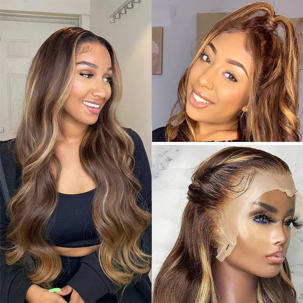 FNSD Highlight Wigs Human Hair 13X6 HD Transparent Lace Front Body Wave Wig 4/27 Ombre Brown Colored Human Hair Wigs for Black Women 150 Density Glueless Brazilian Virgin Hair with Baby Hair(16 Inch)