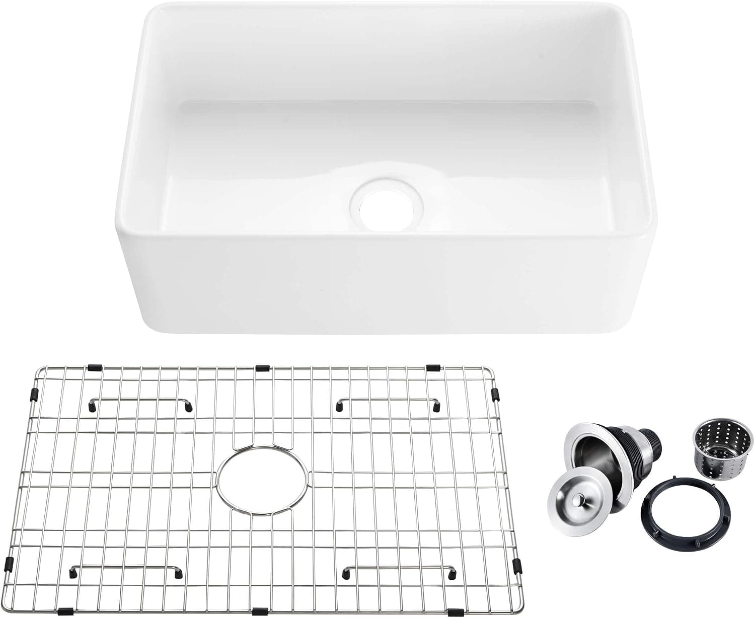 30" White Fireclay Farmhouse Apron Front Kitchen Sink with Bottom Grid and Strainer