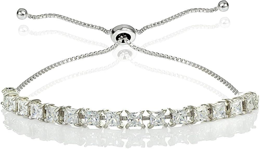 Sterling Silver Genuine, Created, or Simulated Princess-cut 3mm Bolo Pull-string Adjustable Tennis Bracelet for Stacking