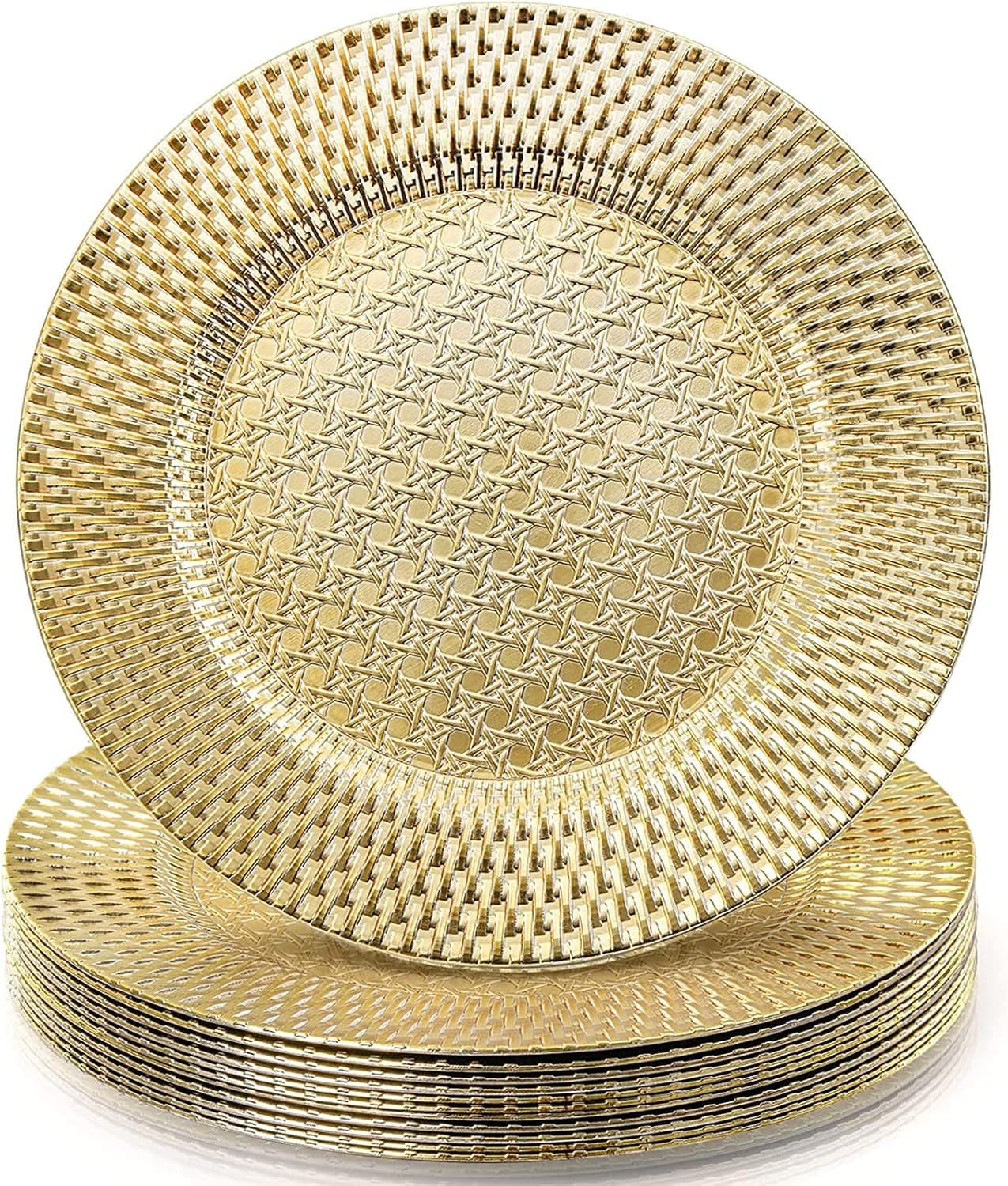 Fasmov 6 Pack Plastic Charger Plates, 13 inches Round Plate Chargers for Dinner Plates, Wedding Table Setting, Gold