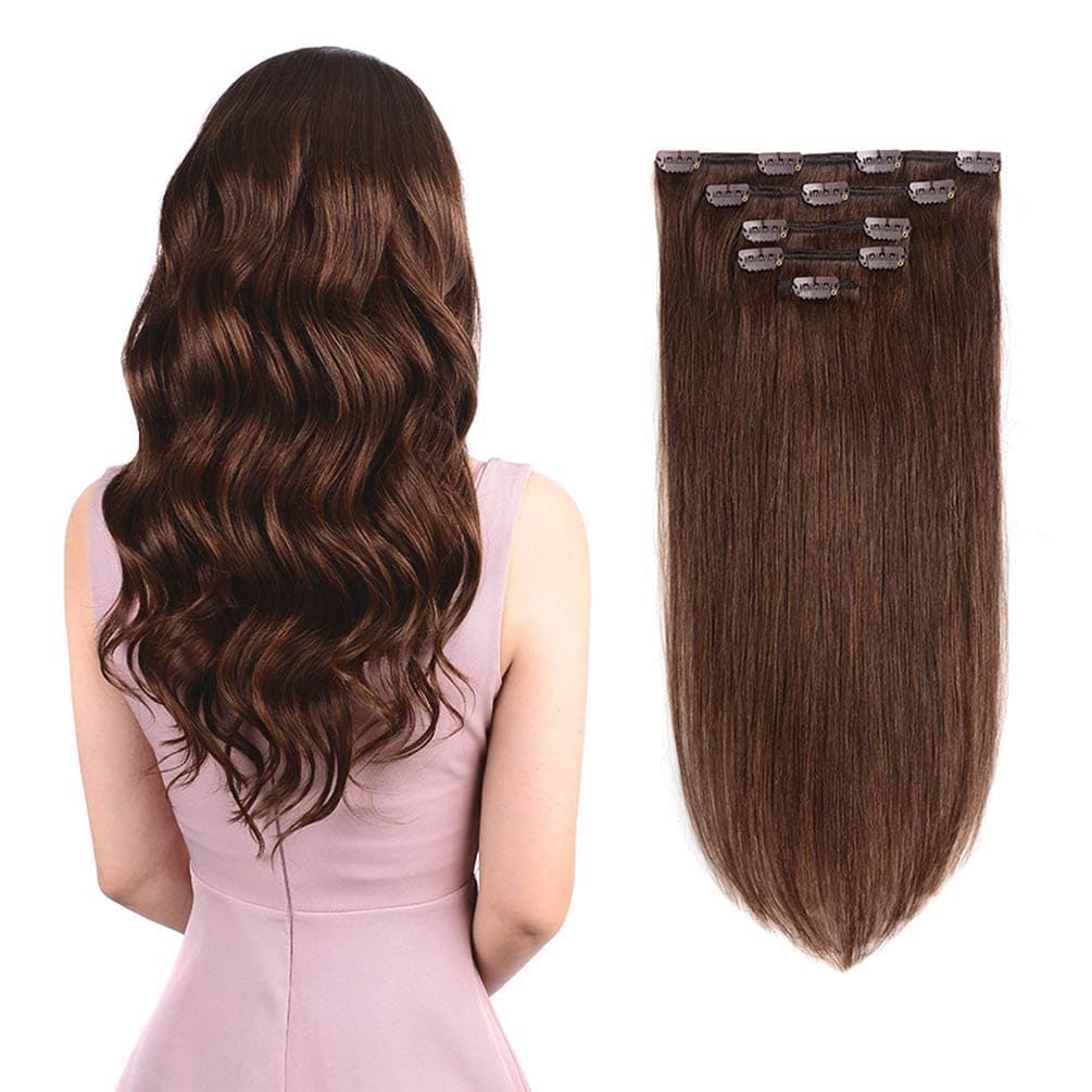5 Pieces 18″ Remy Clip in Hair Extensions Human Hair Medium Brown – Beauty Silky Straight Long Thick Real Hair Extensions for Women Fashion (18 inches, #4, 90grams)