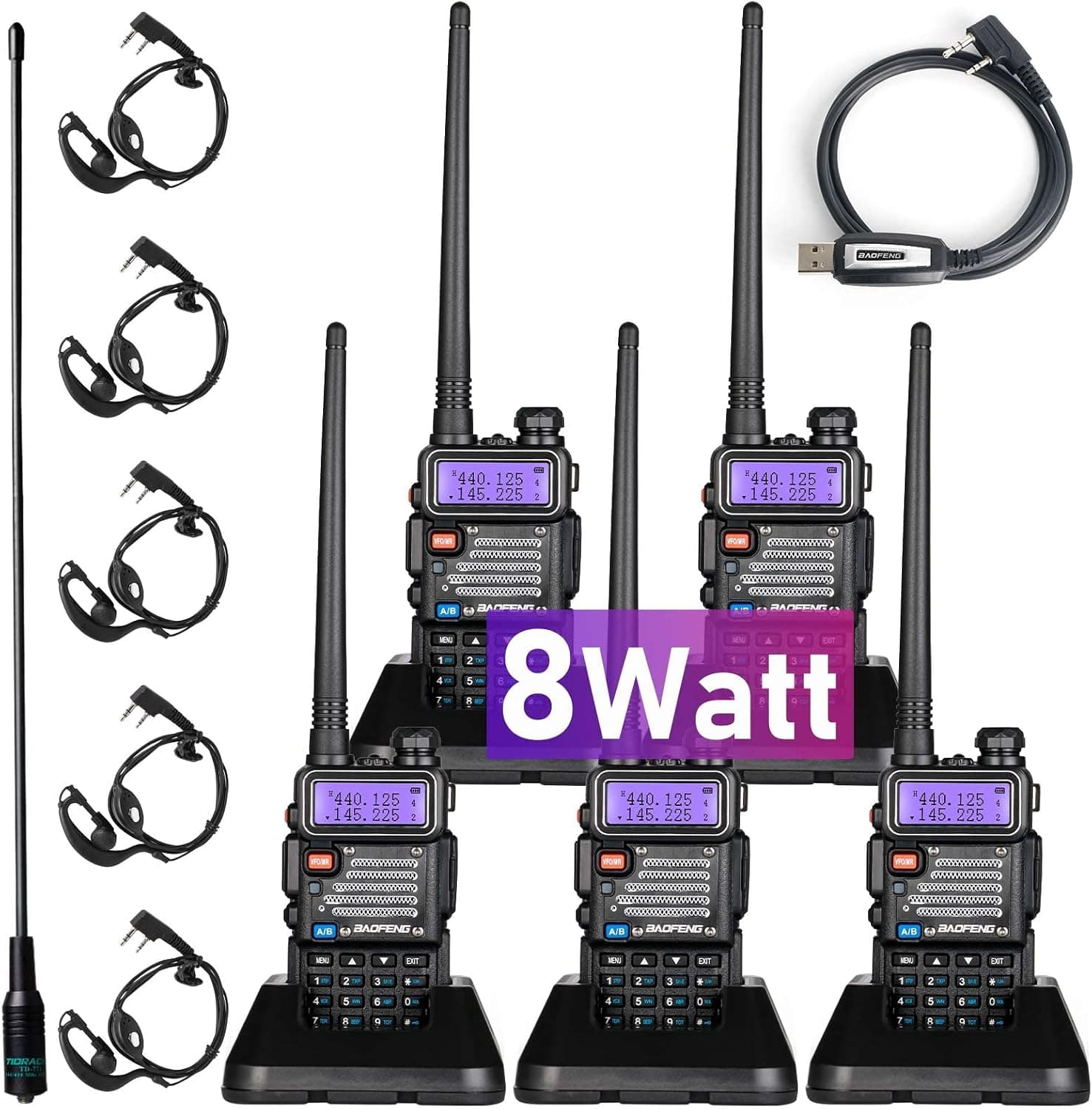 BaoFeng Radio High Power Upgraded BaoFeng UV-5R 144-148Mhz/420-450Mhz Ham Radio Handheld Two Way Radio with TIDRADIO-771 Antenna BaoFeng Walkie Talkie (5 Pack)