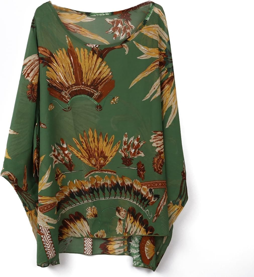 Museya Fashion Round Neck Batwing Three Quarter Sleeve Women's Loose Chiffon T-shirt Blouse - Free Size(Green)