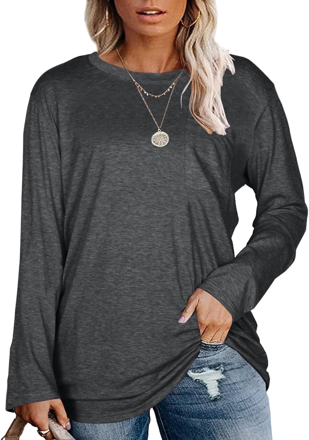 UNIQUNONE Plus Size Tops for Women Long Sleeve Shirts Crewneck Oversized T Shirts Casual Tees with Pockets Dark Gray