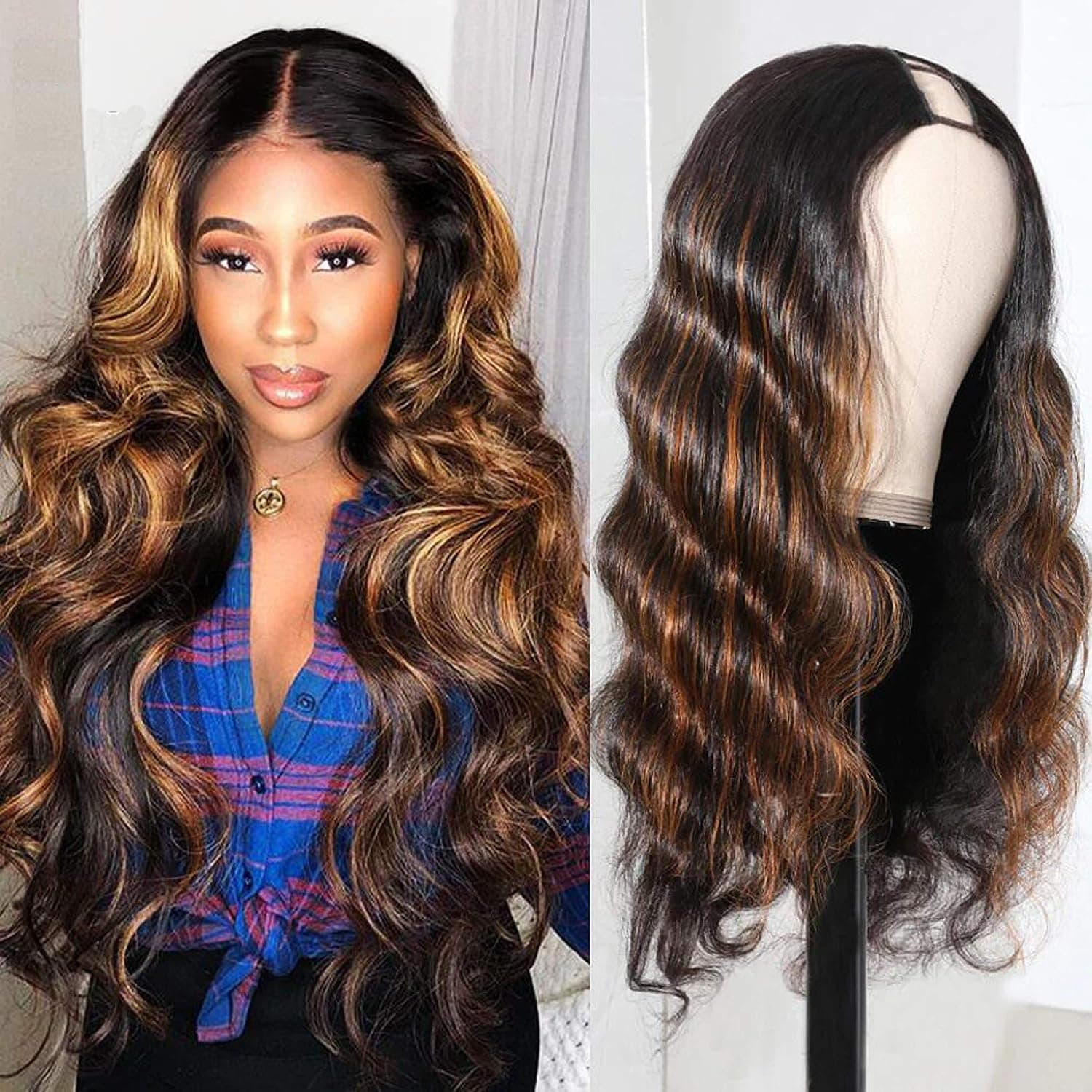 UNICE Ombre Highlight U Part Wig Human Hair Body Wave for Black Women Middle Part, Brazilian Virgin Hair Glueless Full Head U Shape Clips in Half Wig 150% Density 12inch