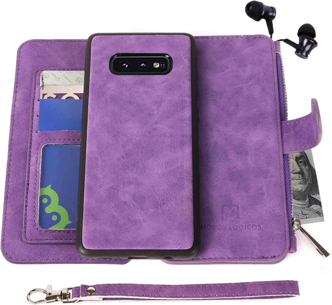 MODOS LOGICOS for Samsung Galaxy S10E Case, [Detachable Wallet Folio][2 in 1][Zipper Cash Storage][Up to 14 Card Slots 1 Photo Window] PU Leather Purse with Removable Inner Magnetic TPU Case - Purple