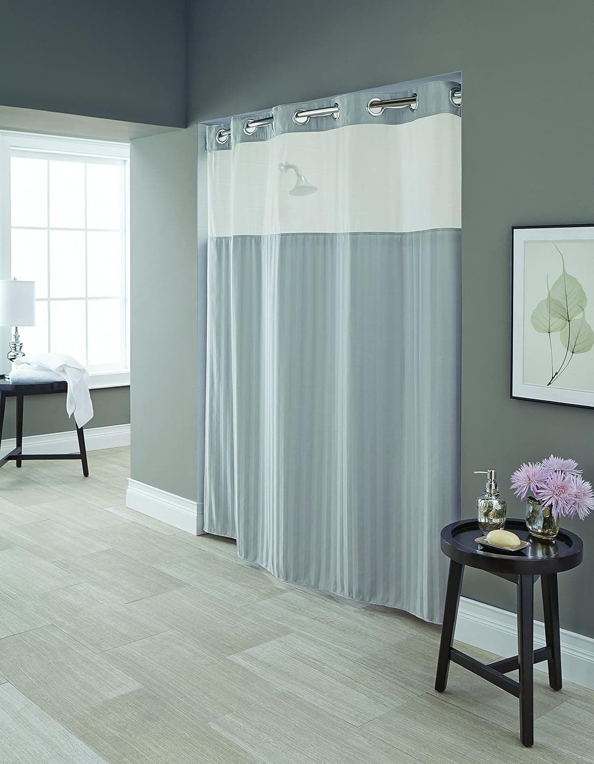 Hookless RBH94MY984 Park Avenue Stripe Polyester with PEVA Snap-In Liner and Flex-On Shower Curtain, Silver