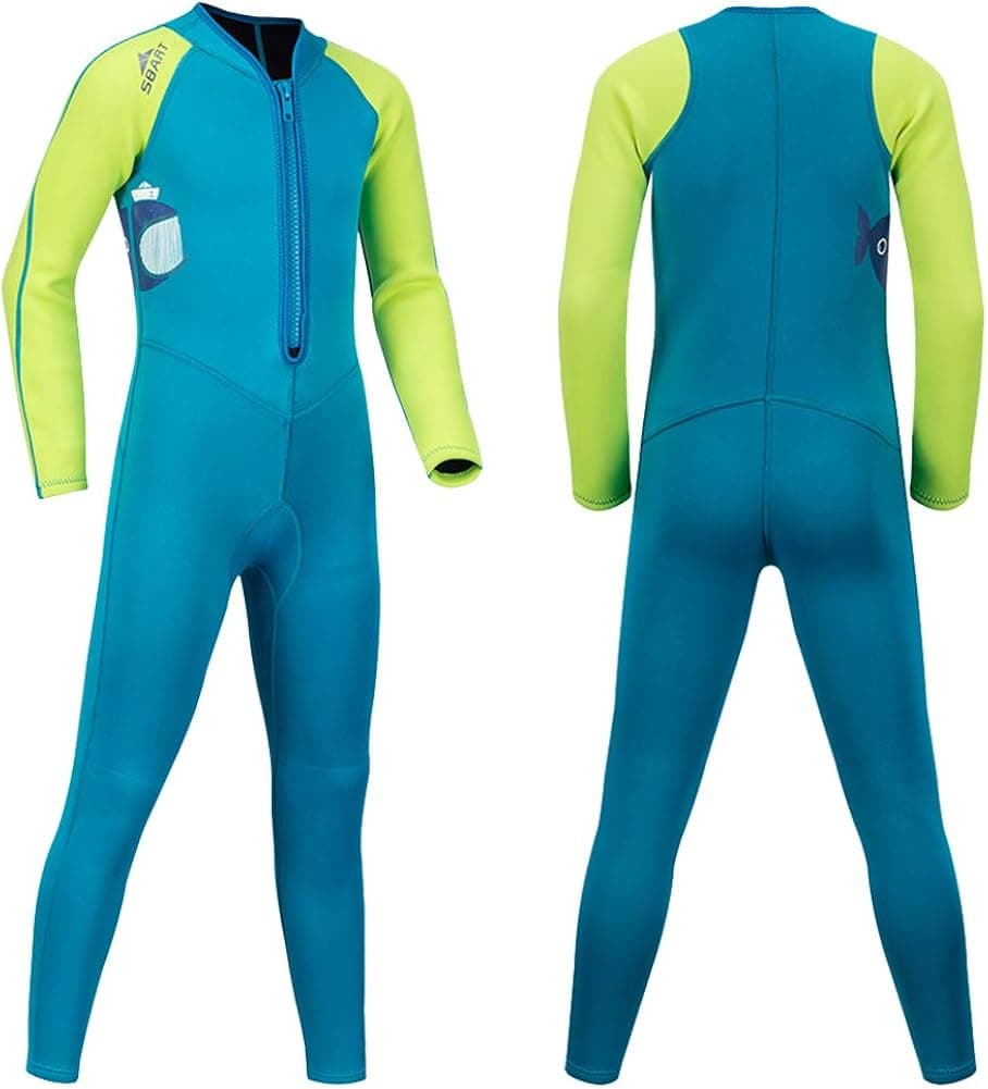 Kids Warm Wetsuit Neoprene Full Body Swimsuit Thermal Long Sleeve 2MM for Girls Boys Teens, One Piece Shorty Swimming Suit UV for Surfing Scuba Diving Snorkeling Fishing (Full Suit Blue, M)
