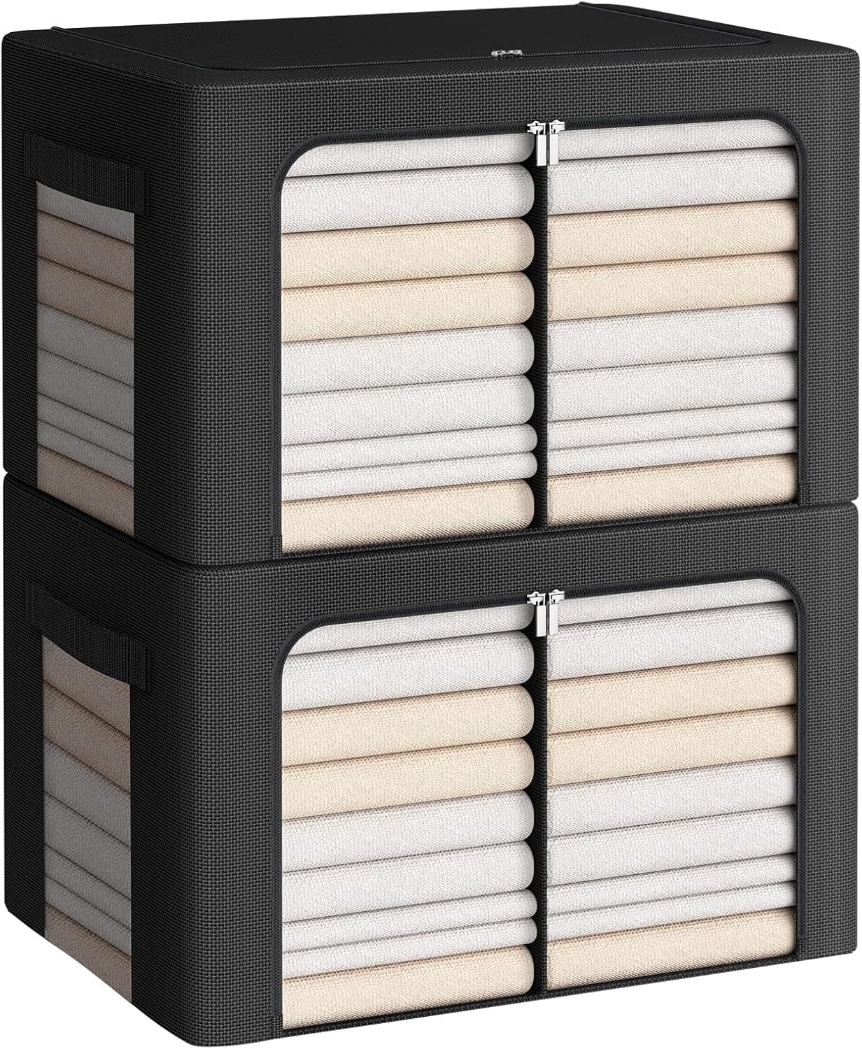 2Pack Storage Bins with Divided Interior - Frame Storage Box Oxford Fabric Clothes Storage Bags Large Capacity Stackable Foldable Container Organizer Set with Clear Window (X-Large-100L, Black)