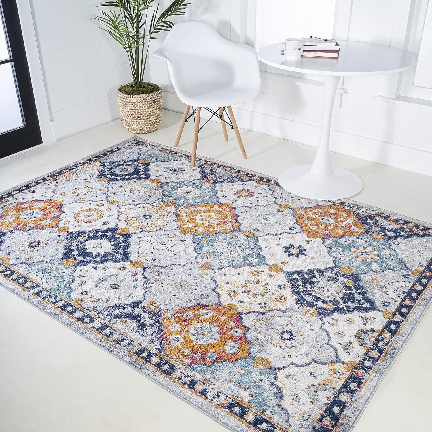 JONATHAN Y MDP214A-4 Kirman Bohemian Medallion Indoor Area-Rug Bohemian Vintage Easy-Cleaning Bedroom Kitchen Living Room Non Shedding, 4 X 6, Light Gray Blue Orange