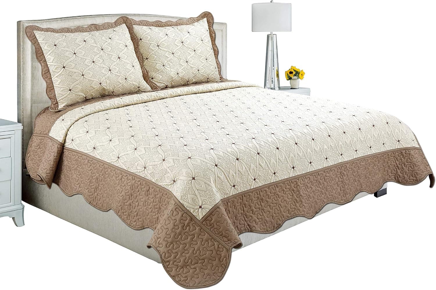 Marina Decoration Embroidered Coverlet Bedspread Ultra Soft Solid 2 Piece Summer Quilt Set with 1 Quilted Sham, Taupe Color Twin/Single Size