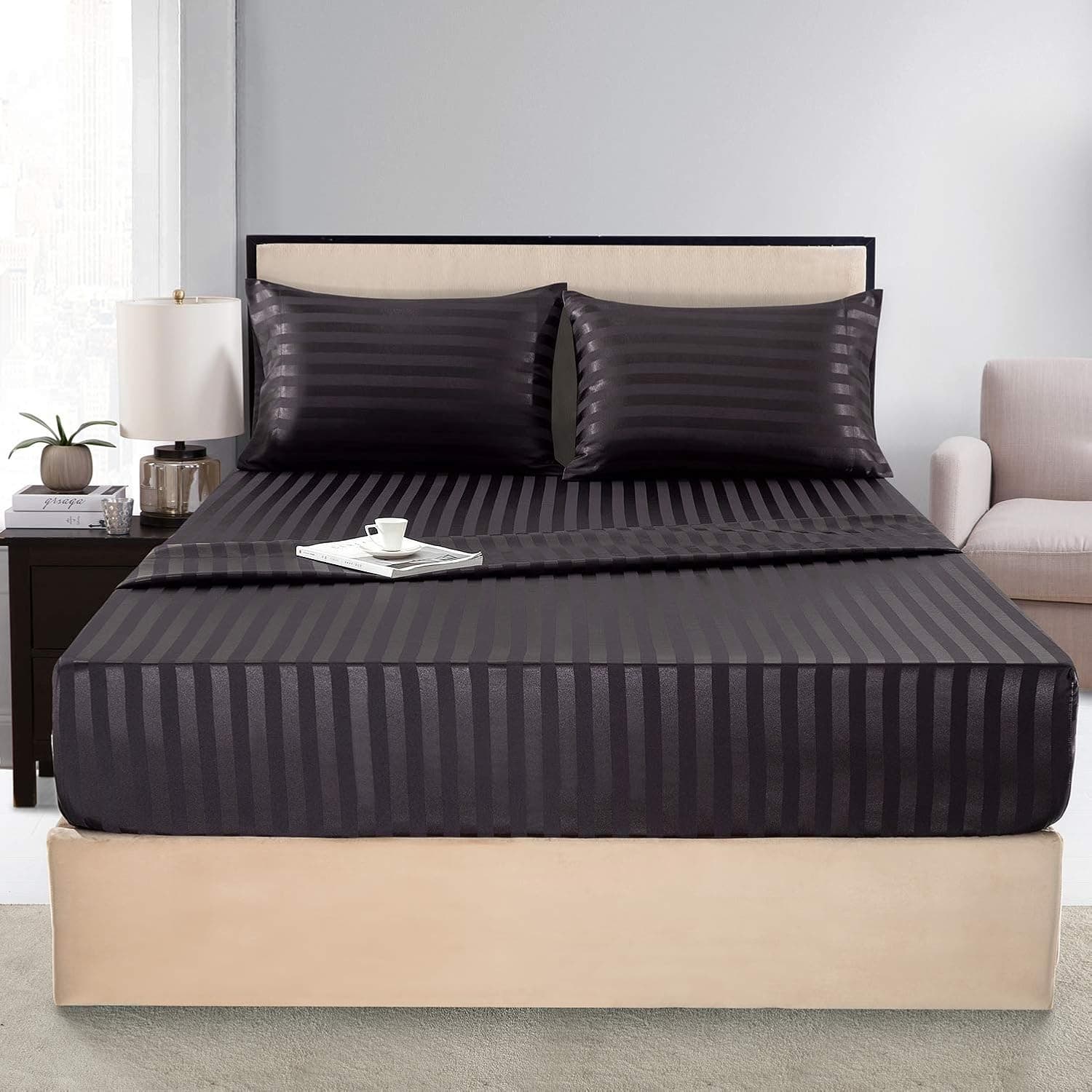 Satin-Silk Sheets Twin Size Bed Set, Black Soft Cooling Deep Pocket Sheets, Hypoallergenic, Wrinkle and Fade Resistant Bedding Set, 3 Piece, Striped