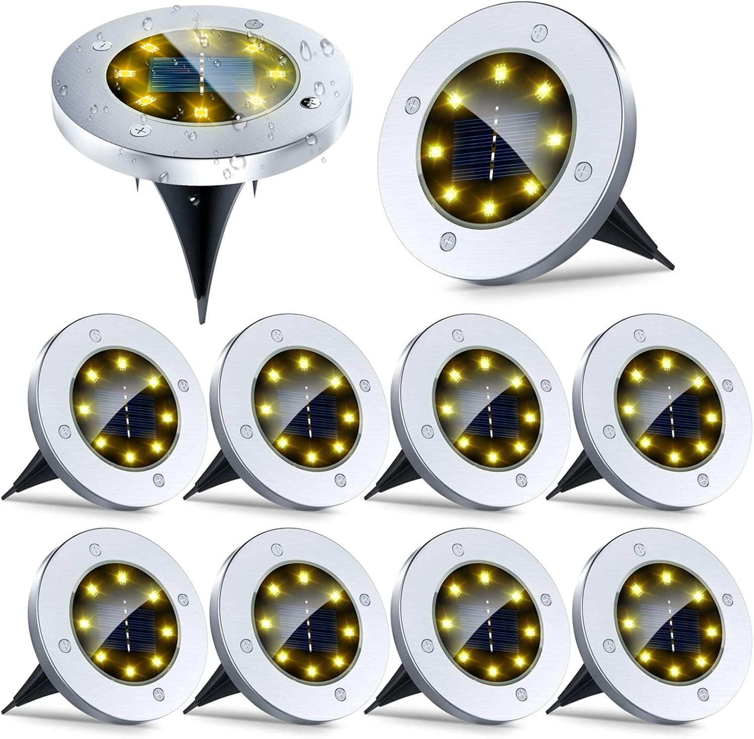 Solar Ground Lights - 10 Packs 8 LED Outdoor Solar Disk Lights Waterproof In-Ground Garden Sidewalk Lights Solar Powered Landscape Lighting for Lawn Patio Pathway Yard Deck Walkway (Warm White)