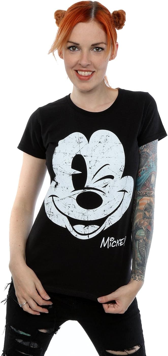Disney Women's Mickey Mouse Distressed Face T-Shirt Large Black
