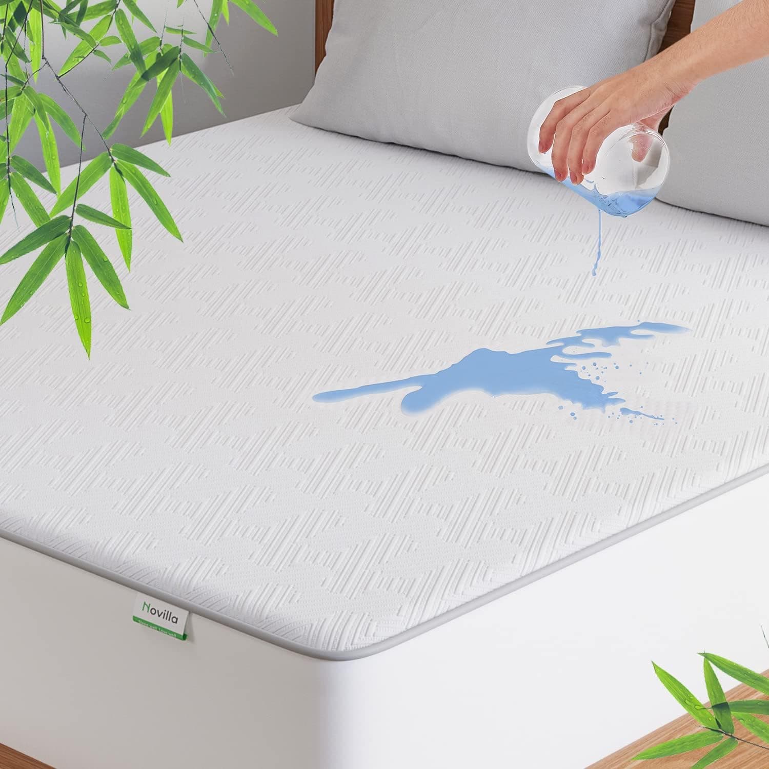 Novilla Queen Size Waterproof Mattress Pad Cover, Cooling Breathable Bamboo Air Fabric Mattress Protector Queen Fitted 8"-18" Deep Pocket Noiseless & Washable Mattress Cover, White (AC-NV0MP803-Q)