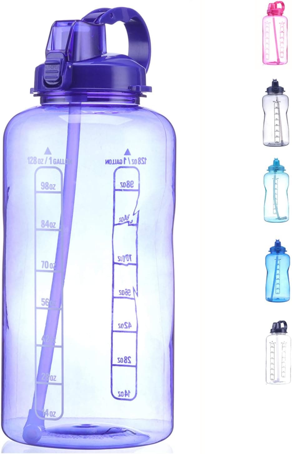 YIREN 1 Gallon (128oz) Water Bottle with Carry Handle and Pop Up Straw BPA Free Tritan Plastic Leak Proof Water Jug for Sports Camping (Purple 128oz 2 scales)