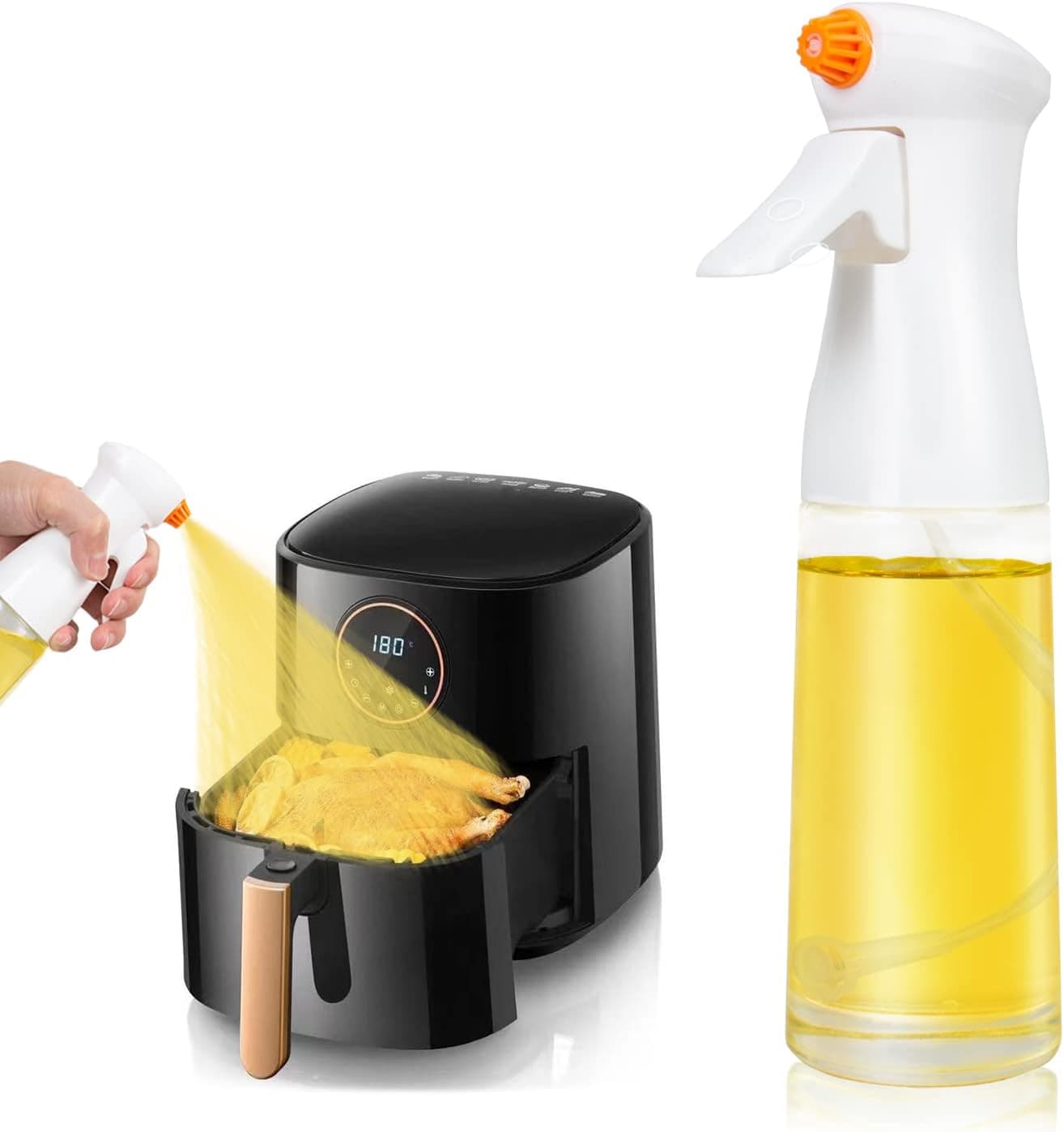 Oil Sprayer for Cooking, Olive Oil Sprayer Mister Spray Bottle - Rotatable Nozzle Glass Oil Spritzer Dispenser Bottles Kitchen Gadgets for Air Fryer, Salad, Making,Baking, Frying, BBQ(7.4oz / 210ml)