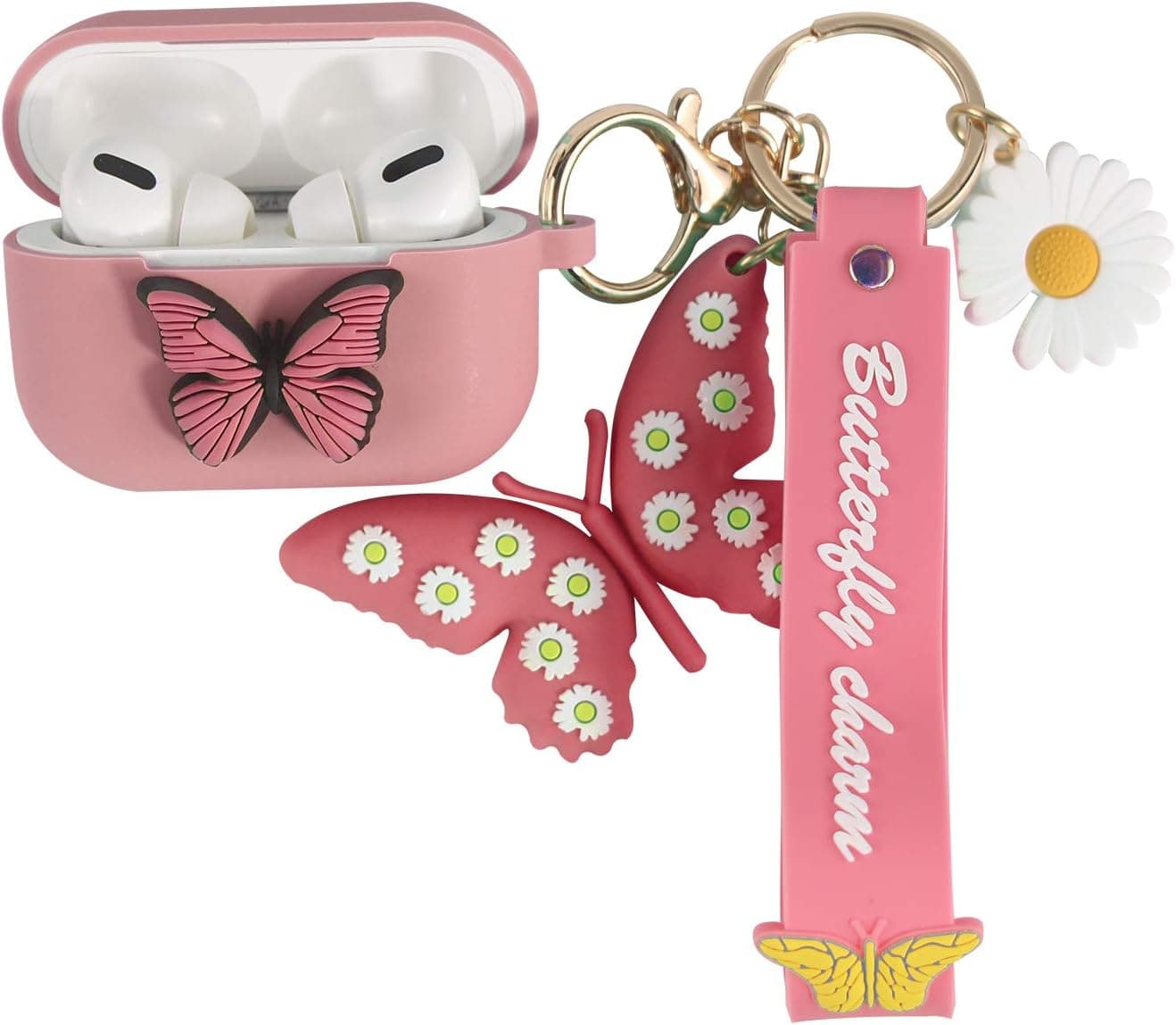 Heniu for Airpod Pro Case Cover (2019 Released), 3D Butterfly Liquid Silicone Airpods Pro Cute Case with Keychain Compatible for Apple Airpods Pro Charging Case-Pink