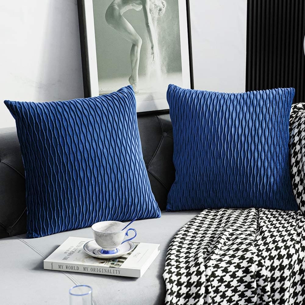 DEZENE 22x22 Blue Throw Pillow Covers: 2 Pack Original Striped Velvet Square Decorative Pillow Cases for Farmhouse Couch