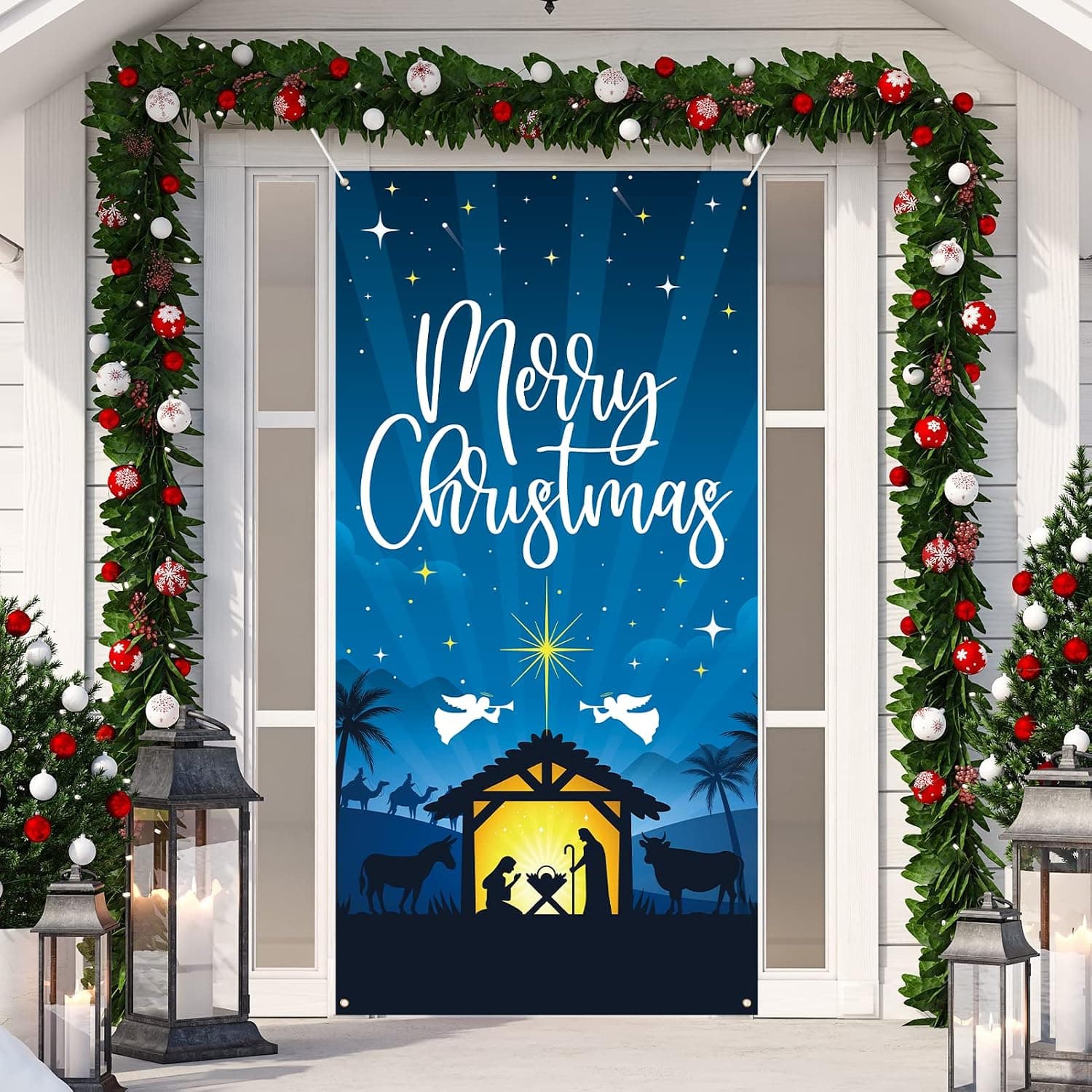 DAZONGE Nativity Scene Outdoor Christmas Decorations, Merry Christmas Door Cover, Holy Night Christmas Decor - Religious Manger Scene Christmas Banner/Backdrop for Front Door Photo Booth Props